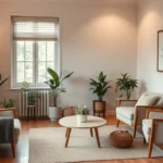 Serene therapist's office with warm lighting, comfortable seating, soft neutral colors, natural elements like plants, creating safe therapeutic space for emotional healing and conversation