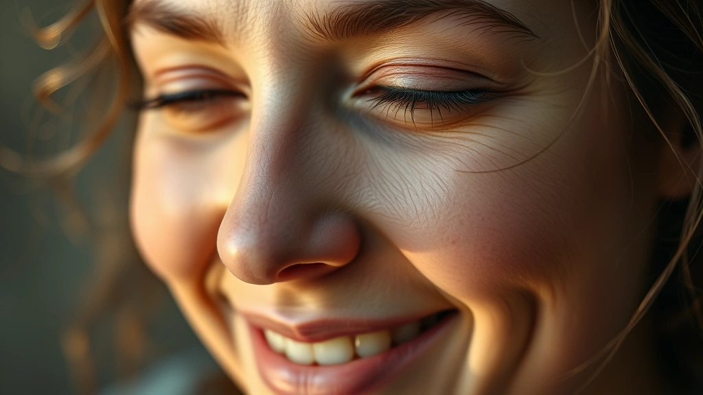 Close-up of person's face showing peaceful expression during moment of realization or breakthrough, eyes bright with understanding, gentle smile, warm lighting emphasizing emotional clarity