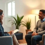 Professional therapist conducting individual counseling session with diverse adult client in modern clinical office setting, warm lighting, therapeutic environment, note-taking visible, focus on compassionate clinical interaction