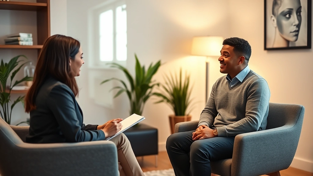 Professional therapist conducting individual counseling session with diverse adult client in modern clinical office setting, warm lighting, therapeutic environment, note-taking visible, focus on compassionate clinical interaction