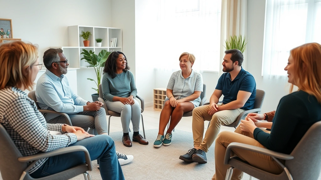 Diverse group of adults sitting in circle during group therapy session in comfortable healthcare facility, engaged discussion, supportive atmosphere, clinical setting, no visible faces showing vulnerability