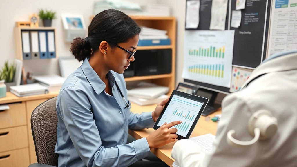 Mental health professional reviewing treatment progress charts and outcome data on tablet computer in clinical office, evidence-based practice materials visible, organized healthcare workspace, professional setting
