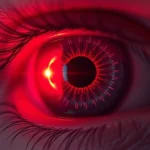 Photorealistic close-up of human eye with warm red light spectrum visualization, showing light wavelengths interacting with retinal structures, no text overlays, clinical aesthetic, 4K quality