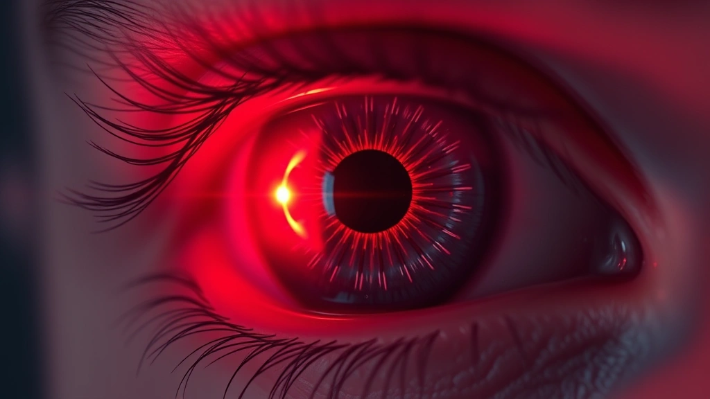 Photorealistic close-up of human eye with warm red light spectrum visualization, showing light wavelengths interacting with retinal structures, no text overlays, clinical aesthetic, 4K quality