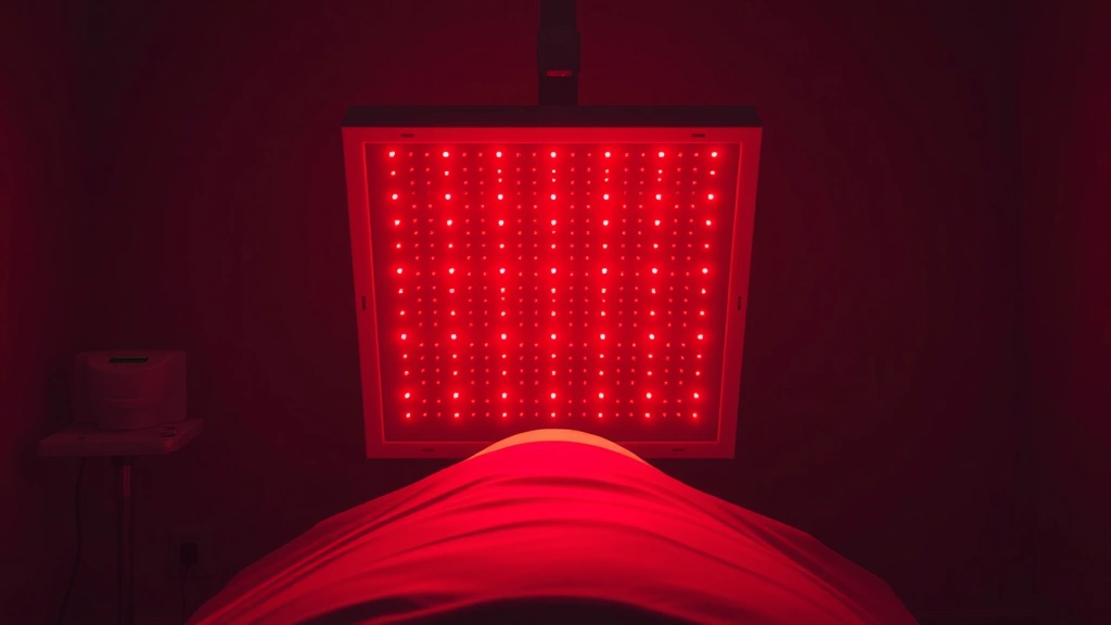 Professional red light therapy device panel emitting visible red light in dark room, showing light distribution pattern, no screen displays or text, clinical setting, realistic lighting