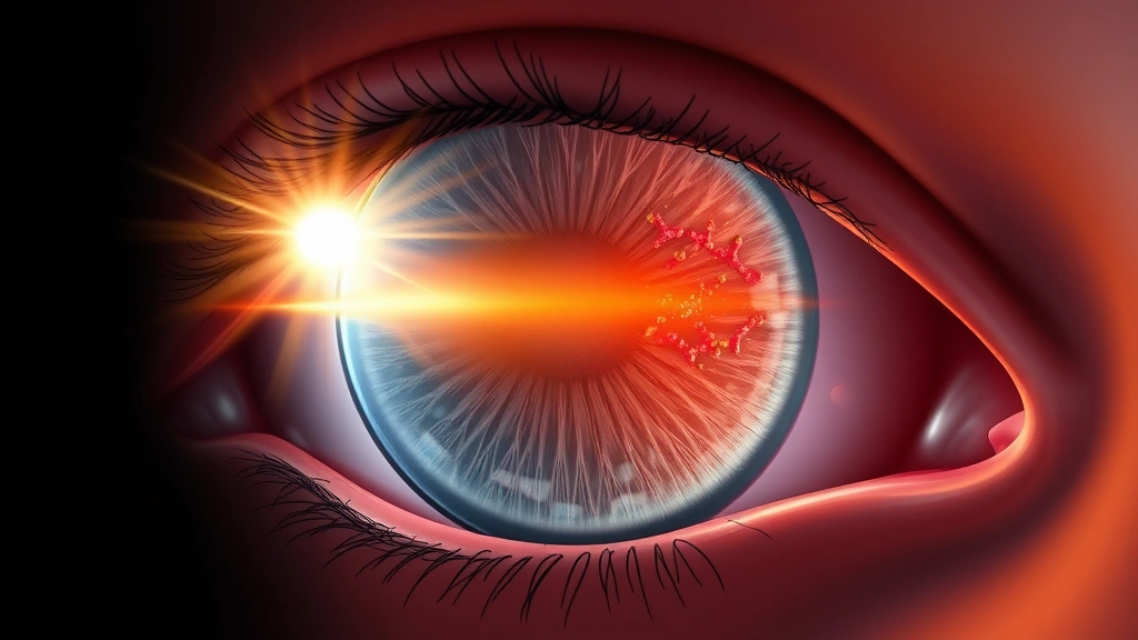 Cross-section illustration of human eye showing light penetration depth, mitochondrial structures highlighted with warm tones, scientific but accessible visual style, no text elements