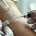 Close-up of IV needle insertion into patient's arm vein with clear saline solution dripping, medical professional's gloved hands visible, sterile clinical setting with soft lighting, photorealistic medical photography