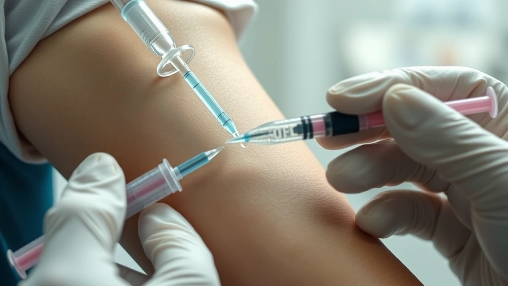 Close-up of IV needle insertion into patient's arm vein with clear saline solution dripping, medical professional's gloved hands visible, sterile clinical setting with soft lighting, photorealistic medical photography