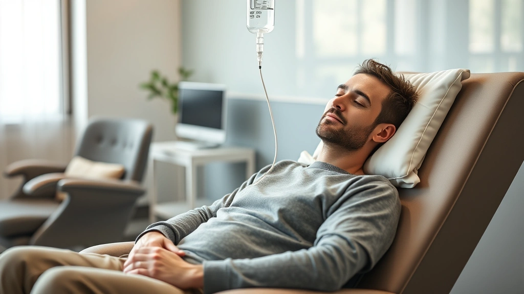 Patient relaxing in comfortable medical chair during IV infusion therapy session, peaceful expression, modern wellness clinic interior with calming ambiance, intravenous bag visible above, photorealistic healthcare environment