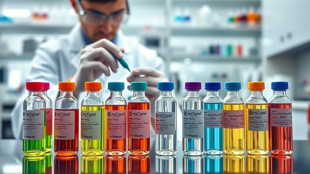 Laboratory scientist examining vials of nutrient solutions and electrolyte formulations, colorful IV solution bottles arranged on medical workbench, professional medical laboratory setting, photorealistic scientific imagery