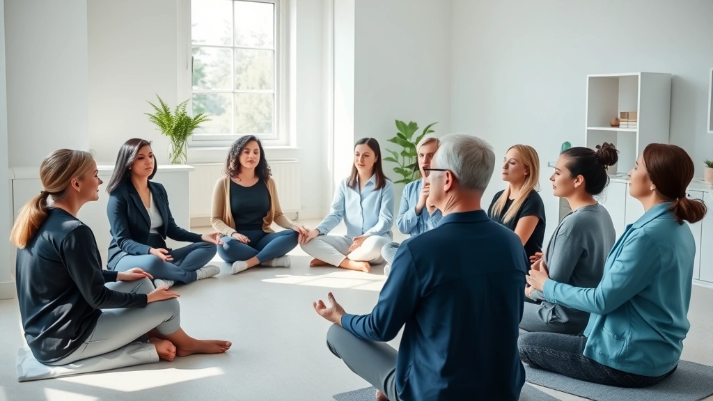 A diverse group of speech therapy professionals sitting in a circle during a mindfulness meditation session in a calm, bright clinical office with soft natural lighting, wearing professional attire, eyes closed in peaceful concentration, modern minimalist interior design