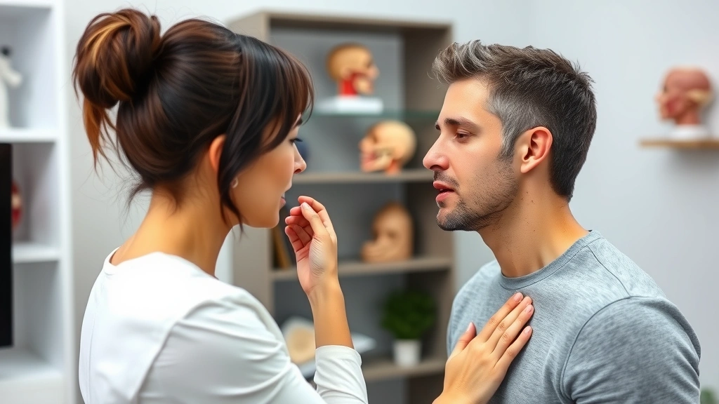 Close-up of a female speech-language pathologist demonstrating vocal cord relaxation techniques to an adult male client in a therapy room, both showing focused body awareness, with anatomical throat models visible on shelves in background, professional clinical setting