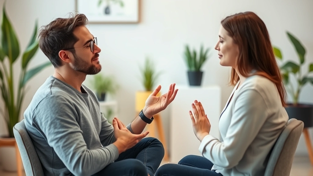 An adult client practicing mindfulness breathing exercises during speech therapy, seated comfortably with good posture, therapist providing supportive guidance nearby, soft lighting, peaceful expression, modern therapy clinic environment with plants and calming decor