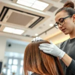 Professional salon interior with modern ventilation system, stylist applying keratin treatment to client's hair with proper safety equipment, warm lighting, clean aesthetic, close-up of treatment application