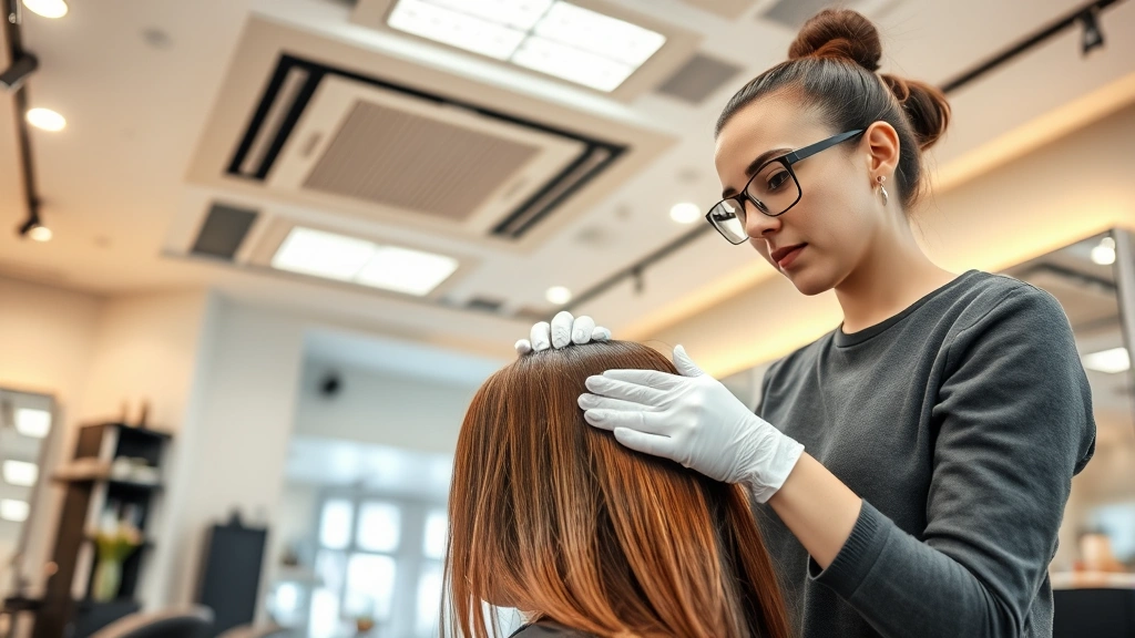 Professional salon interior with modern ventilation system, stylist applying keratin treatment to client's hair with proper safety equipment, warm lighting, clean aesthetic, close-up of treatment application