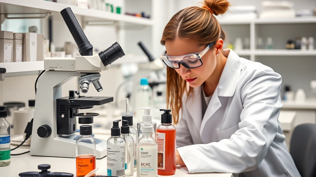 Laboratory scientist examining keratin treatment products in glass containers, microscope on desk, scientific equipment, professional setting, representing chemical analysis and safety testing