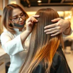 Professional stylist applying golden keratin treatment to long brunette hair in modern luxury salon with warm lighting and marble countertops, close-up detail of product application technique