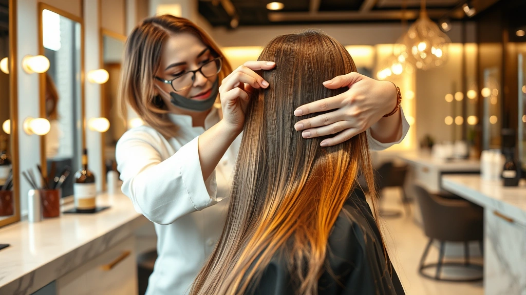 Professional stylist applying golden keratin treatment to long brunette hair in modern luxury salon with warm lighting and marble countertops, close-up detail of product application technique