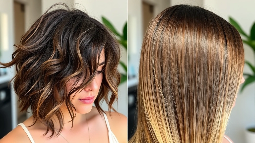 Before and after split-screen comparison of woman with frizzy, damaged hair transforming to smooth, shiny, healthy-looking keratin-treated hair with natural lighting