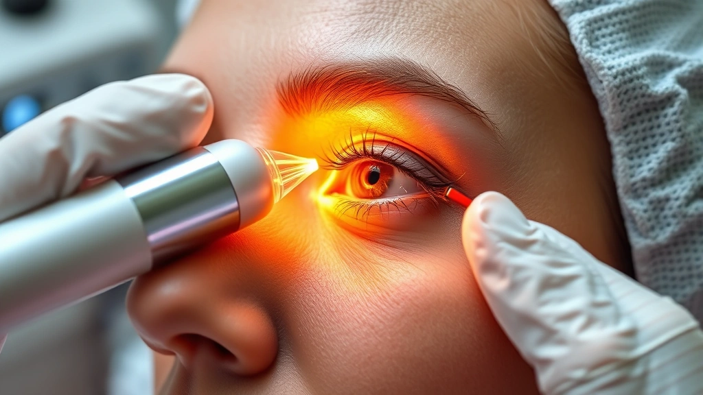 Close-up of dermatologist performing fractional laser treatment under patient's eye area, protective eyewear visible, professional clinical setting with advanced laser equipment, warm light glow from laser device, photorealistic high-quality image