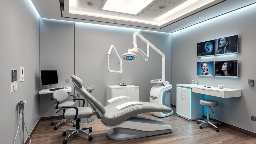 Modern dermatology clinic interior with advanced laser therapy equipment, sleek professional environment, patient comfort chair, medical technology displays, clinical aesthetic, photorealistic professional setting