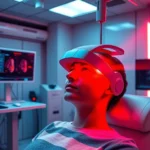 Futuristic medical laser therapy clinic room with a patient receiving transcranial photobiomodulation treatment through advanced laser headset device, warm red and infrared light glowing, sterile modern environment with medical monitors displaying brain activity patterns
