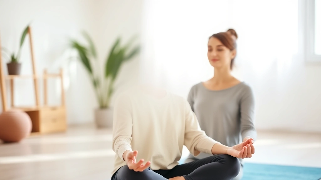 A serene woman in comfortable clothing practicing guided meditation in a bright, natural light room, with soft focus on her peaceful facial expression and relaxed posture, representing mindfulness practice for chronic health management