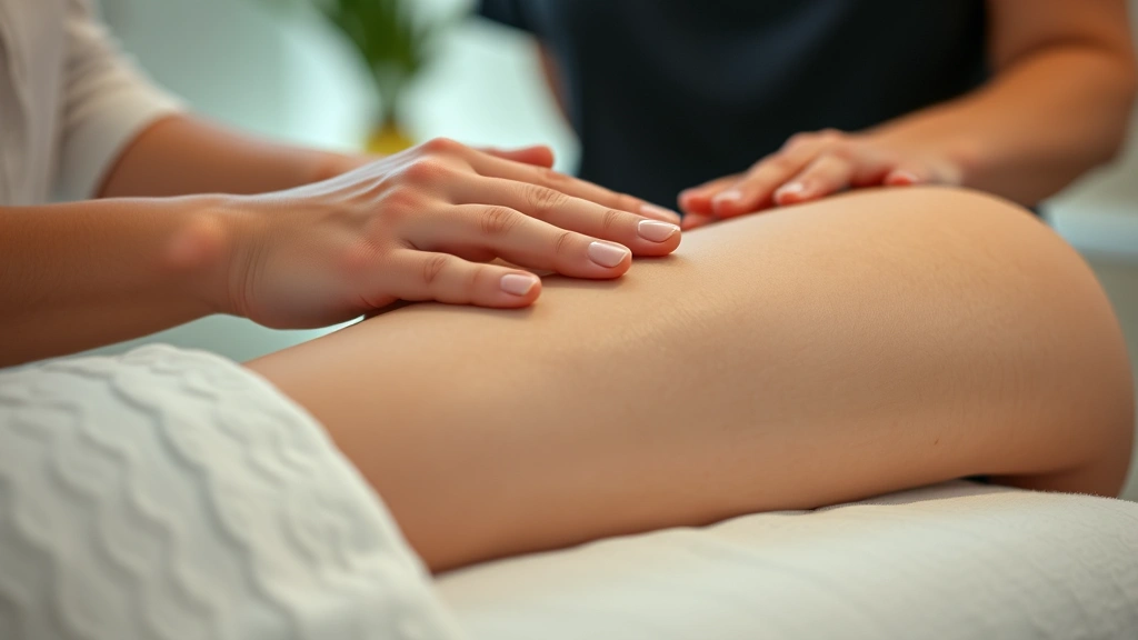 Close-up of a patient's arm receiving gentle manual lymphatic drainage treatment from a therapist's hands, showing therapeutic touch and professional care in a clinical wellness setting with calming ambient lighting