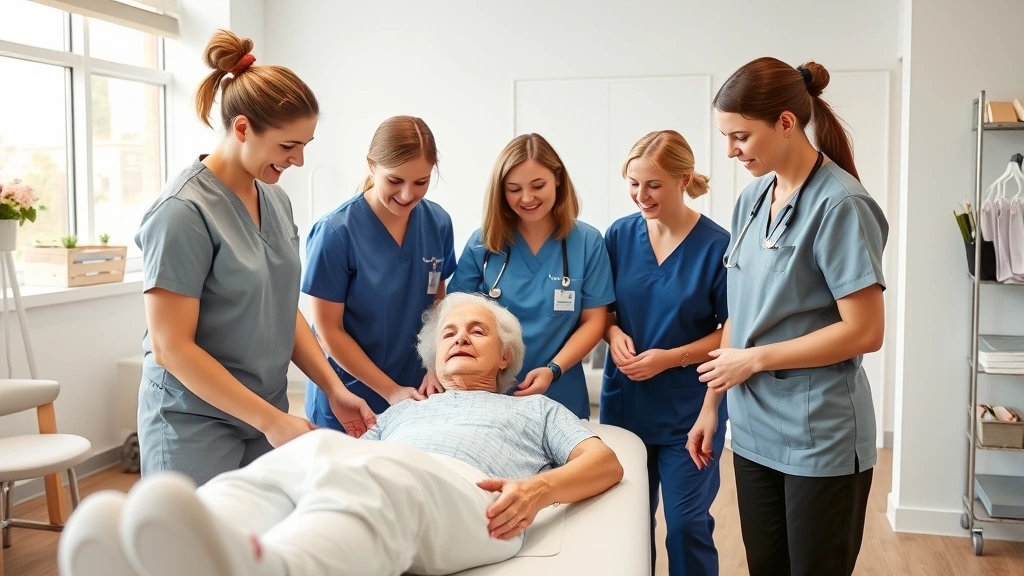 Diverse rehabilitation team of physical therapists, occupational therapists, and nurses collaborating around patient in modern bright therapy clinic, demonstrating interdisciplinary care coordination and professional expertise