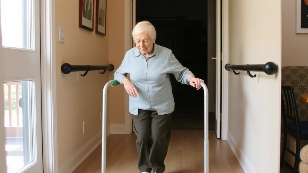 Elderly patient ambulating with physical therapist support through accessible home-like environment with grab bars and adaptive equipment, demonstrating functional real-world practice during restorative therapy session