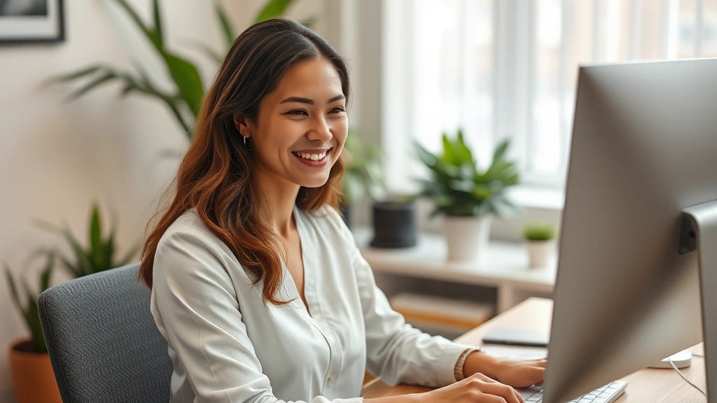 Professional female marriage and family therapist with warm expression sitting at desk with computer monitor visible, modern therapy office background with plants and soft lighting, realistic office setting