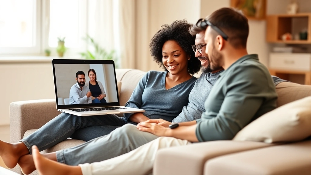Diverse couple sitting together on comfortable couch at home during video therapy session on laptop screen, engaged body language, warm home environment with natural light from window, realistic home therapy setting
