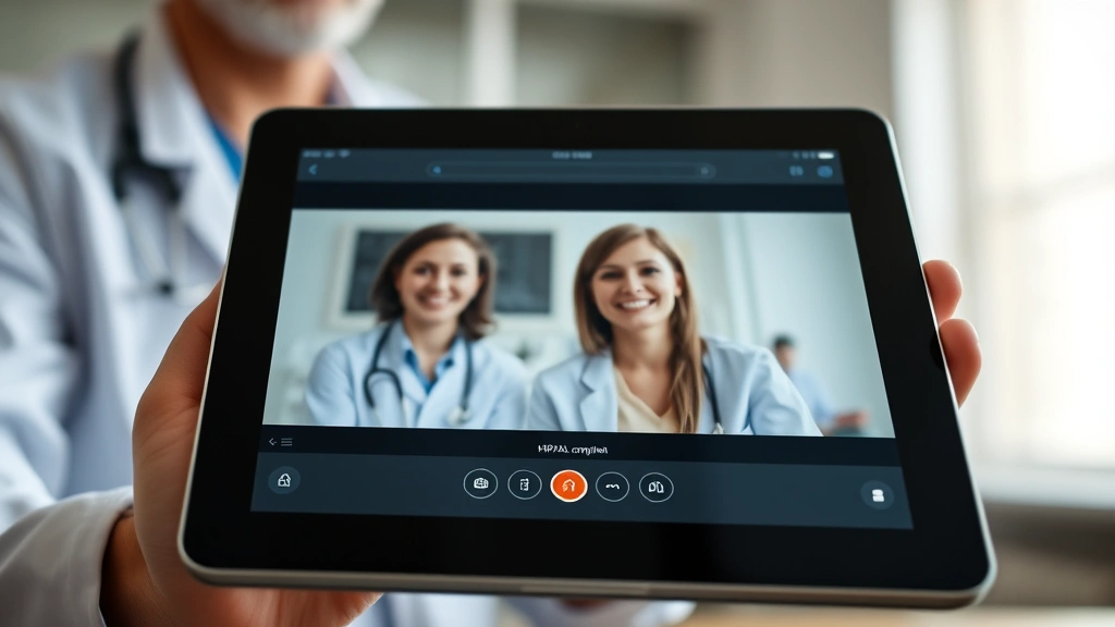 Close-up of secure HIPAA-compliant video conferencing platform on tablet device showing video call interface, professional clinical setting, technology and security elements subtle but present, no visible text or identifiable individuals