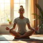 Person meditating peacefully in lotus position with soft morning light filtering through windows, serene indoor environment with plants, photorealistic calm expression