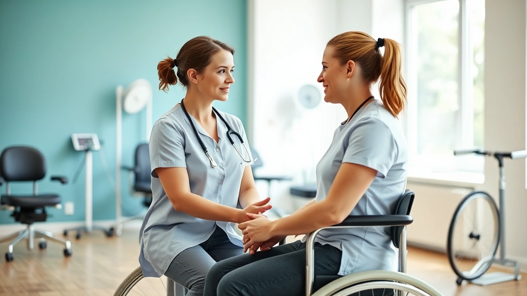 Professional occupational therapist conducting assessment with adult client in modern rehabilitation clinic, natural lighting, therapeutic environment with adaptive equipment visible, realistic clinical setting