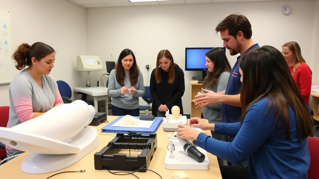 Graduate students in occupational therapy classroom using simulation models and adaptive devices, engaged in hands-on learning with modern medical equipment, diverse group in educational setting
