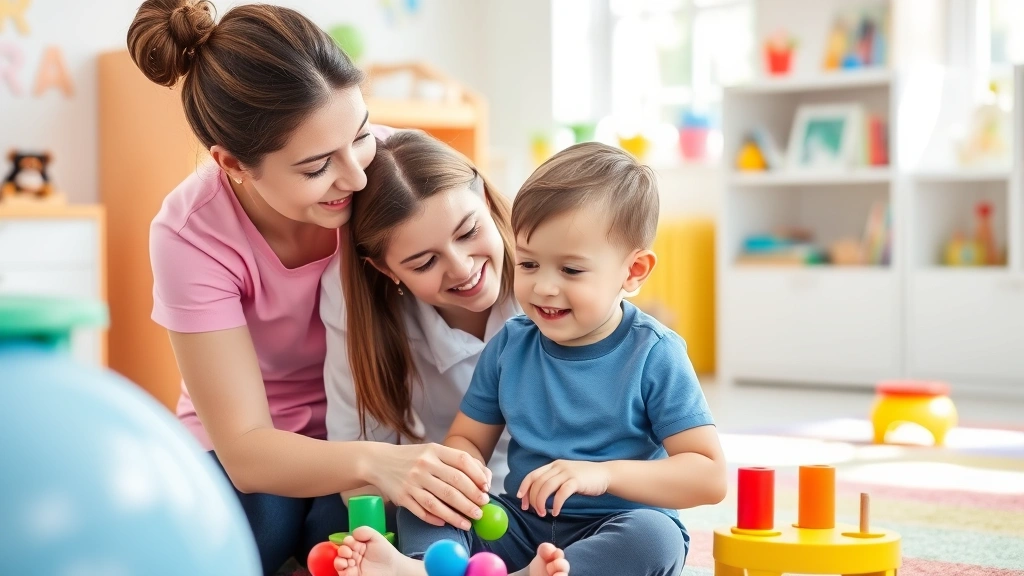 Occupational therapist working with pediatric patient in colorful therapeutic space with sensory equipment, child-focused intervention, natural daylight, professional clinical atmosphere