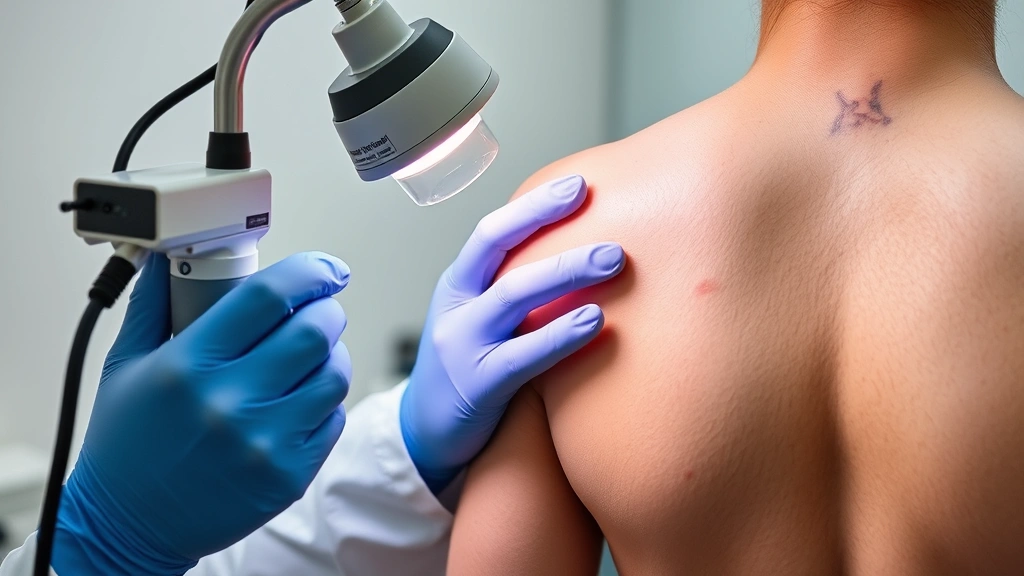 Dermatologist examining stretch marks on patient's skin with professional lighting and magnification tools, clinical setting, realistic medical environment, hands-on examination