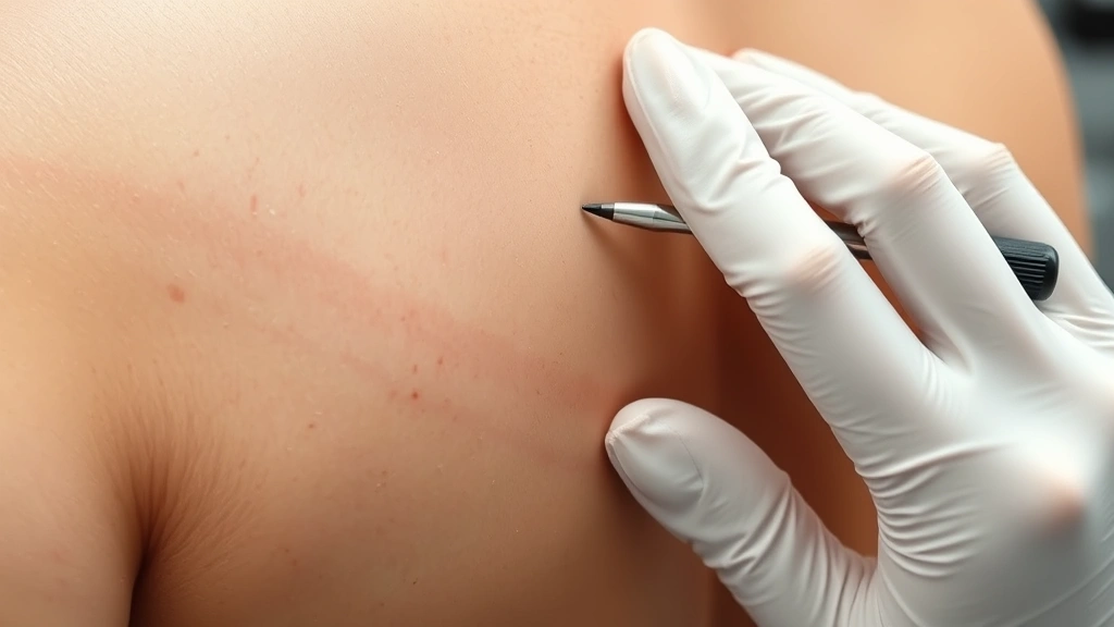 Close-up photorealistic image of dermatologist examining stretch marks on skin with professional lighting, showing detailed texture and appearance of striae marks, clinical setting, no text or labels