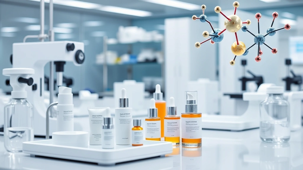 Professional laboratory scene with skincare product testing equipment and molecular structures, demonstrating scientific analysis of topical treatments, modern dermatology research environment, no visible text