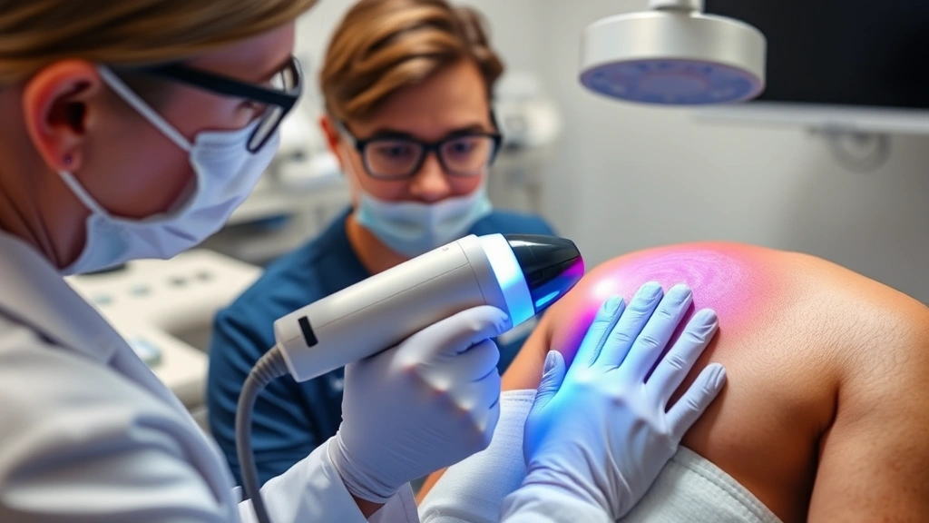 Dermatologist applying advanced laser treatment device to stretch marks on patient's skin, professional medical setting, modern clinic equipment, precision treatment demonstration, healthcare professional in focus