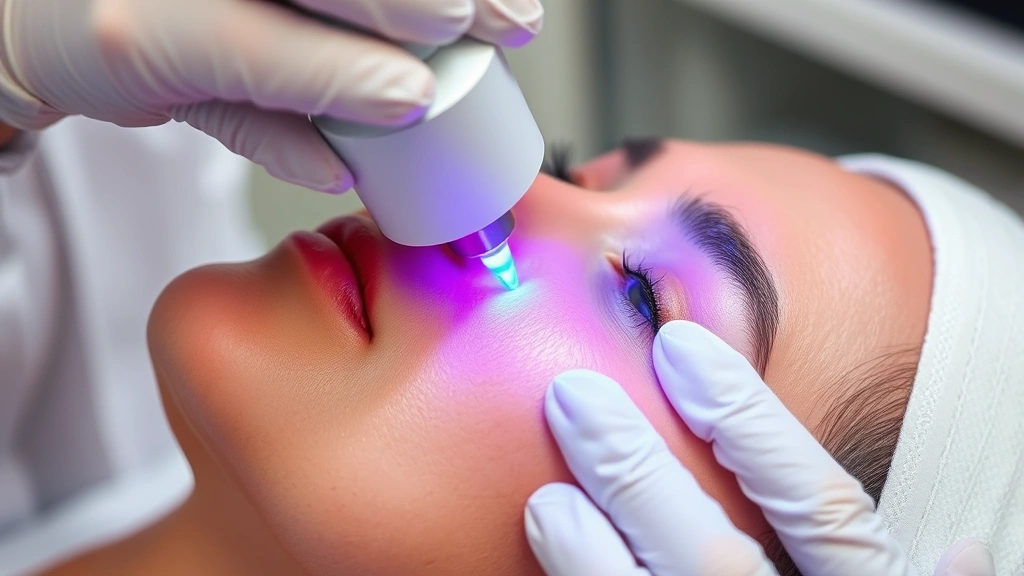 Advanced dermatological laser treatment in progress on patient skin, showing professional medical technology for scar treatment, clinical aesthetic lighting, no screen displays or text visible