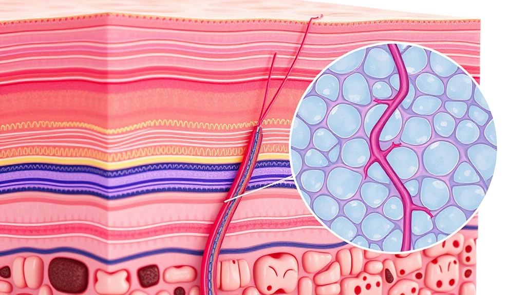 Cross-section illustration of skin layers showing collagen fiber damage beneath stretch marks, dermis and epidermis visualization, microscopic detail of structural skin damage, medical educational imagery, photorealistic anatomical rendering