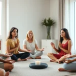 A diverse multigenerational family sitting in a circle during a mindfulness breathing practice indoors, with soft natural light streaming through windows, showing calm facial expressions and relaxed body postures
