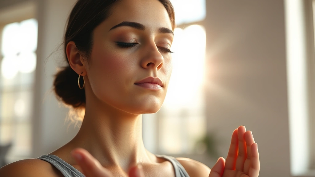 Close-up of a person meditating peacefully indoors with soft natural light, serene facial expression, hands resting gently, morning sunlight streaming through windows, minimalist background, photorealistic professional photography