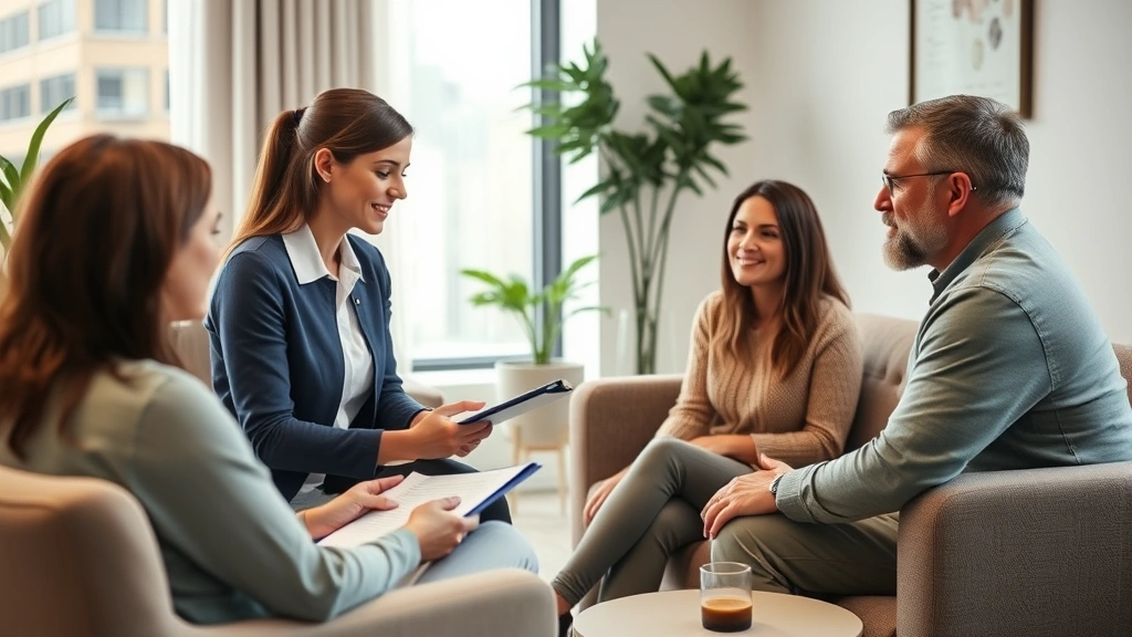 Professional female therapist in modern office taking notes while family members communicate, warm neutral tones, therapeutic setting with comfortable seating, real people in genuine therapeutic moment