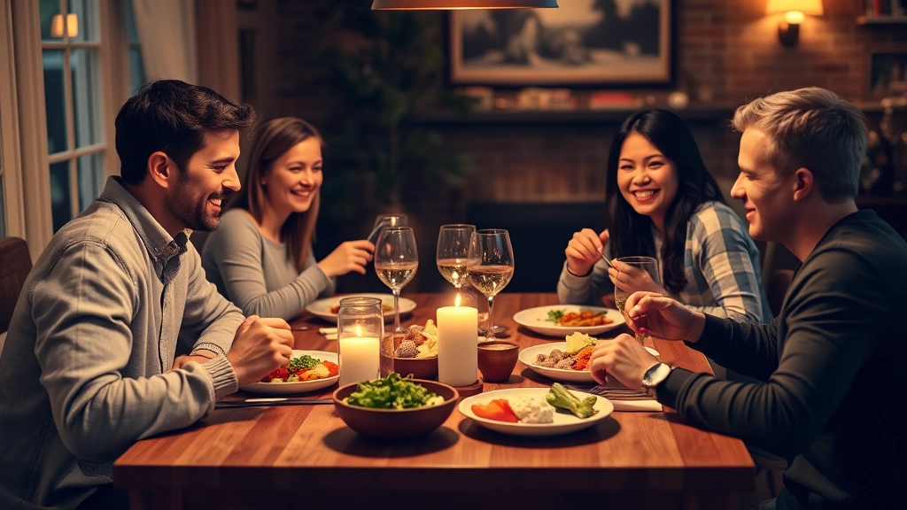 A family of four sitting together at a dinner table eating mindfully without phones visible, with warm lighting highlighting genuine smiles and attentive eye contact between family members
