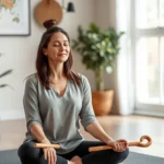 Professional therapist and client in session, woman sitting comfortably in modern office during mindful movement practice, soft natural lighting, peaceful expression, embodied healing environment