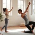 Professional therapist and client in peaceful therapy room during somatic body awareness session, soft natural lighting through windows, calm neutral tones, both in comfortable positions demonstrating mindful movement practice