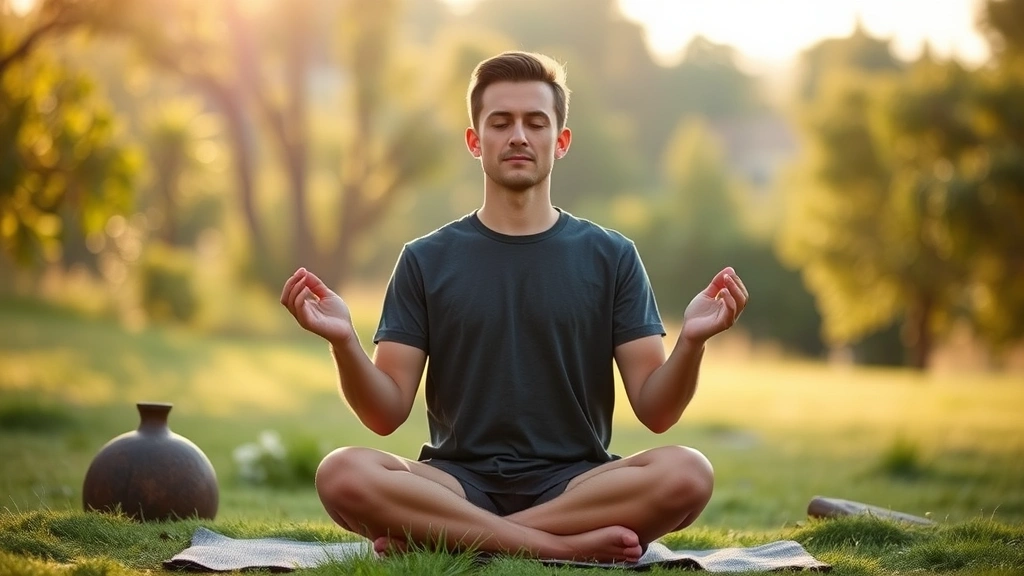 Person meditating outdoors in peaceful natural setting with soft morning light, demonstrating mindfulness practice for mental wellness and inner calm